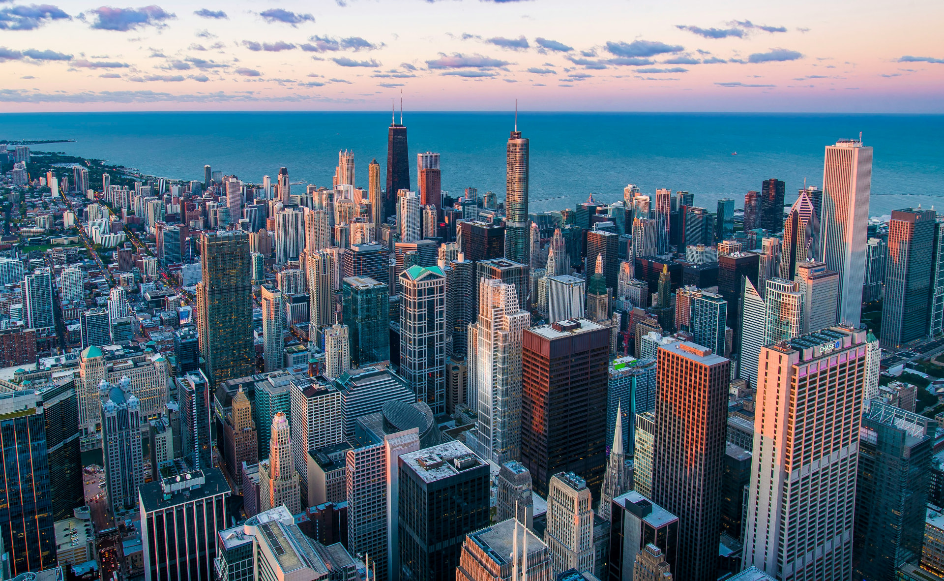 Aerial view of the Chicago skyline at sunset — BL!SS Childcare serves families across Chicagoland